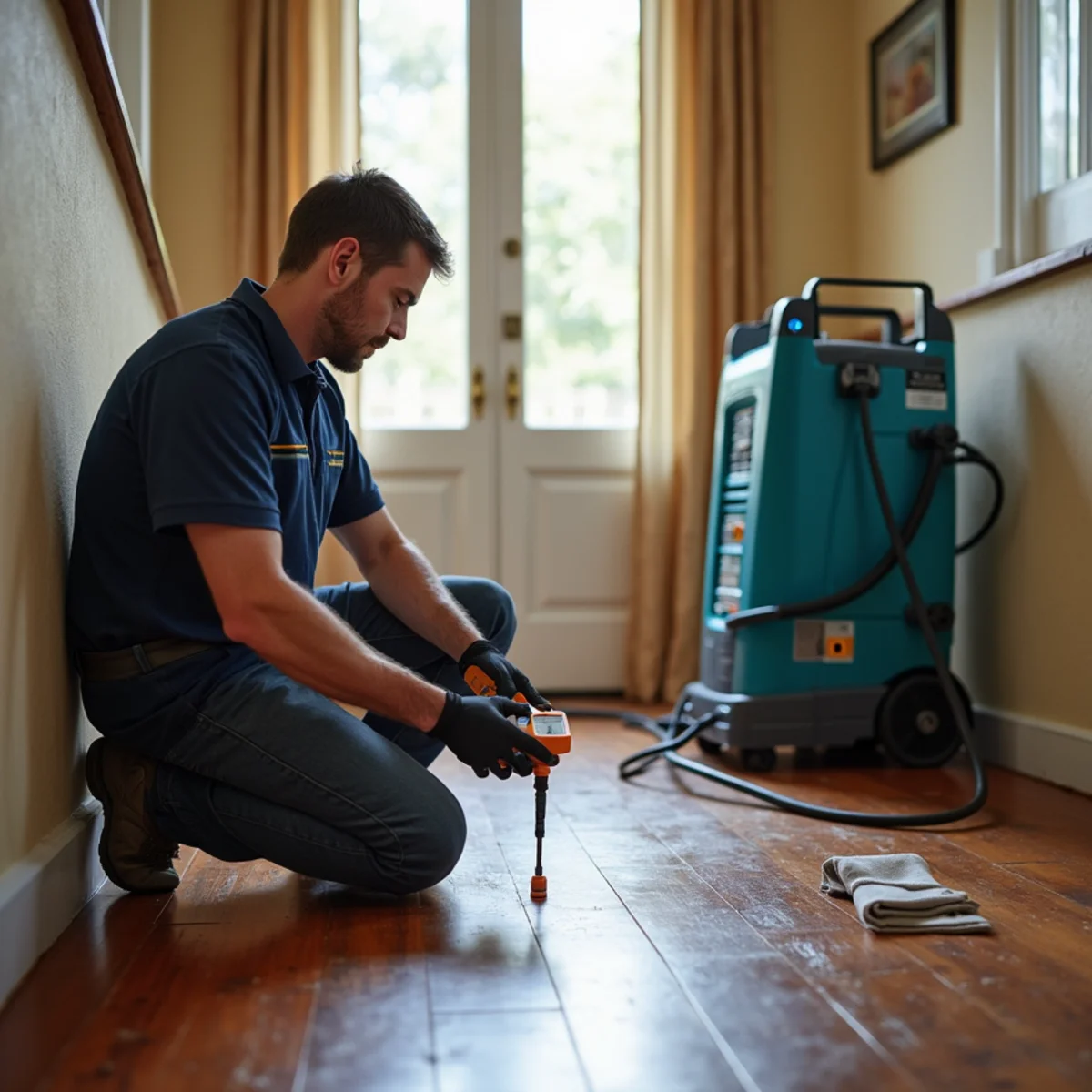 Water damage technician explaining moisture readings inside a San Carlos home