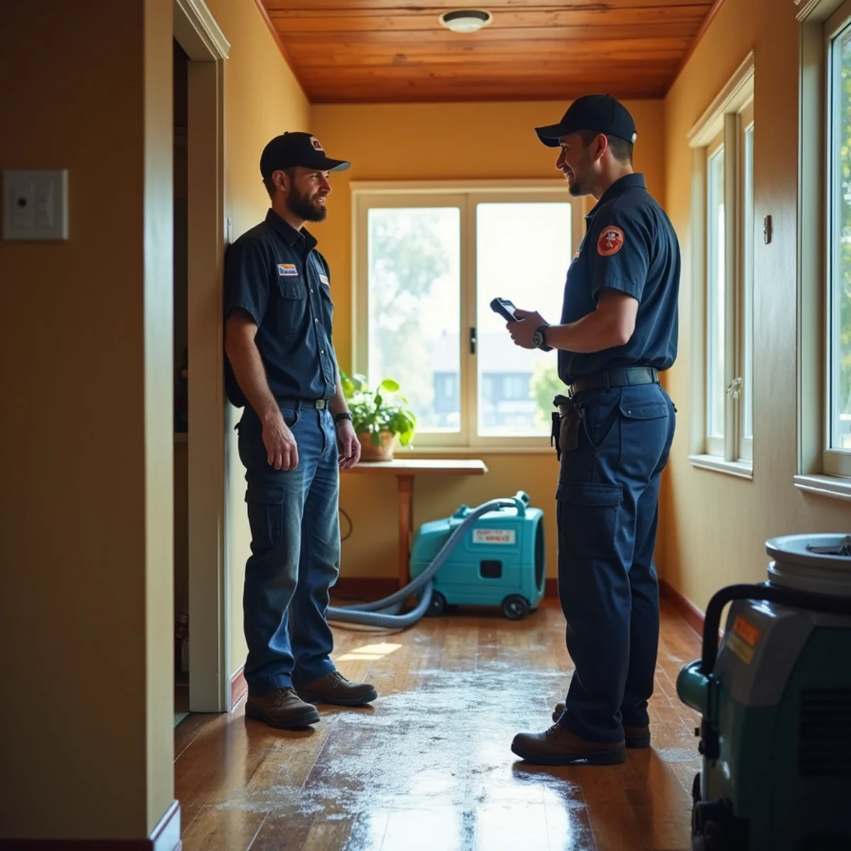 Water damage restoration technician reviewing moisture readings in a San Carlos home