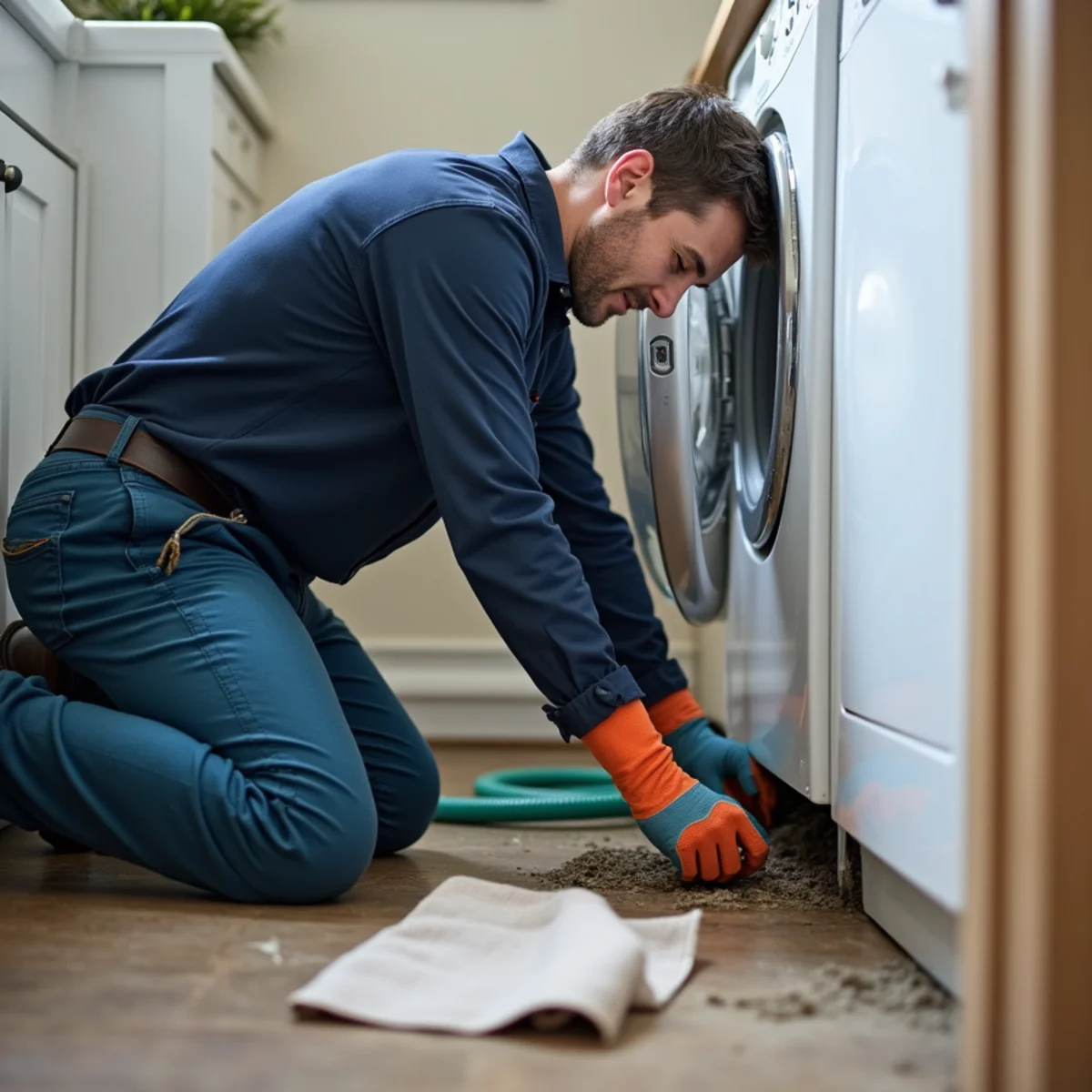 Washing Machine & Appliance Overflow Cleanup technician working with restoration equipment in a San Carlos property
