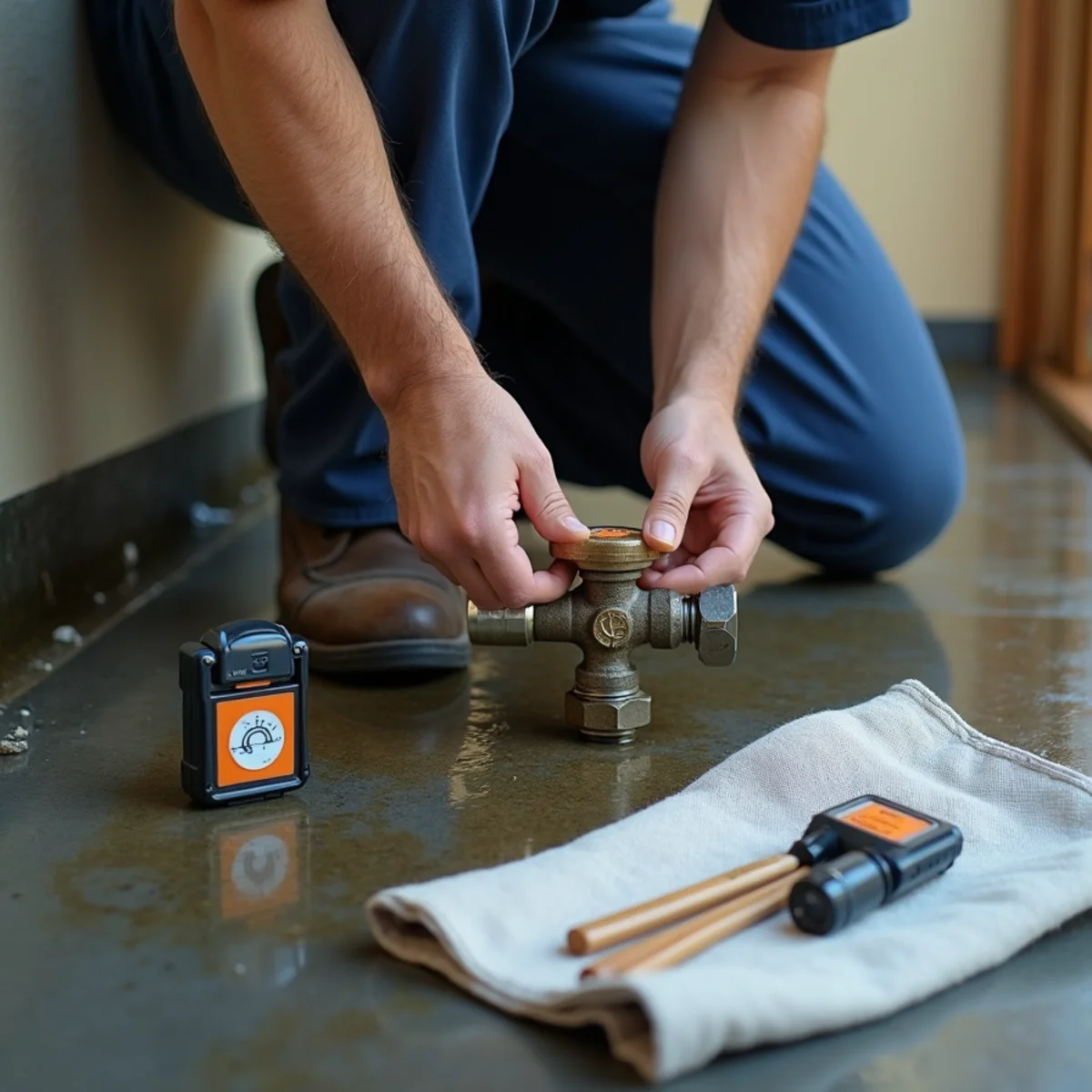 Main water shutoff being closed after a burst pipe in a San Carlos home