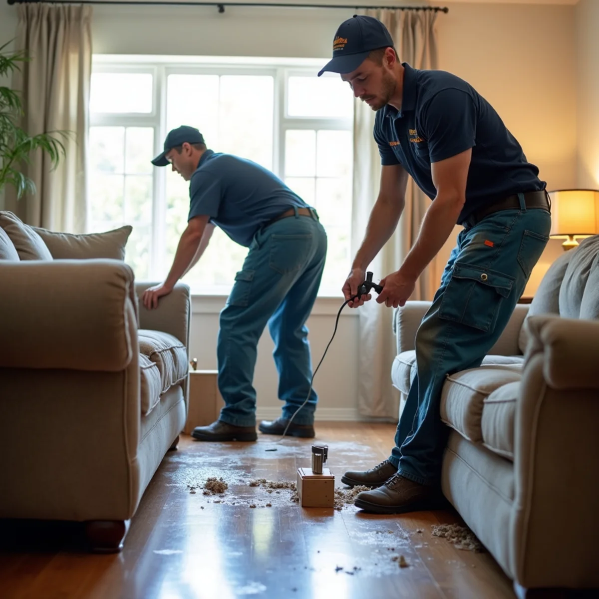 Dry household contents being moved away from a contained plumbing leak