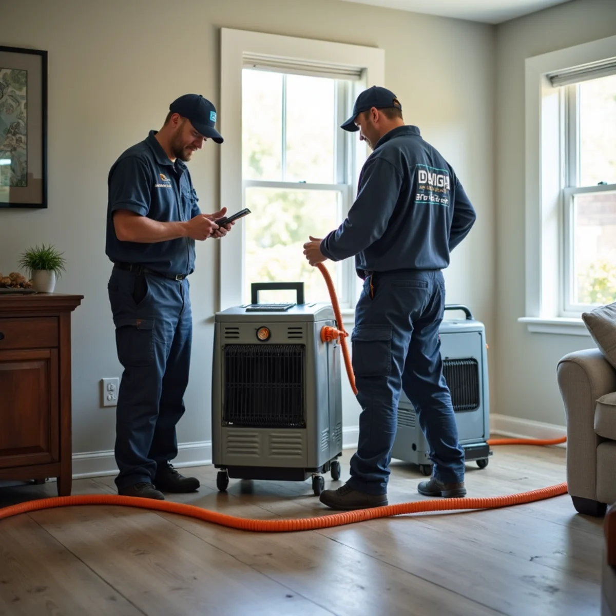 Professional air movers and dehumidifier drying a water-damaged room safely