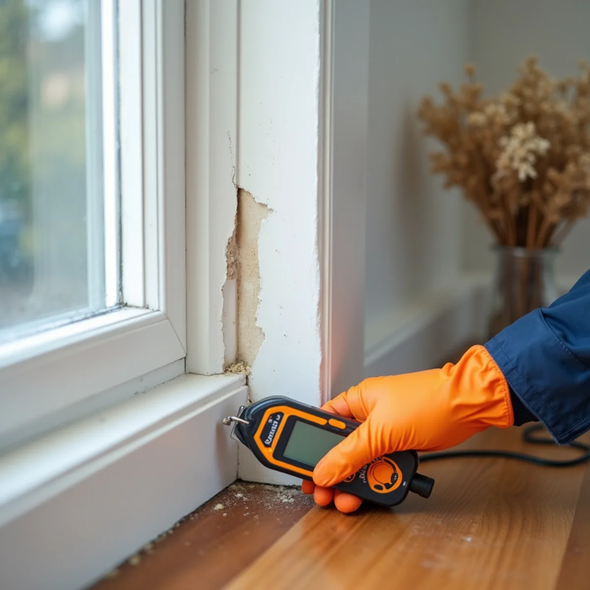 Swollen baseboard trim being checked with a moisture meter
