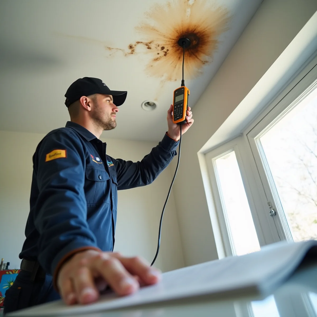 Recurring ceiling water stain below an upstairs plumbing line