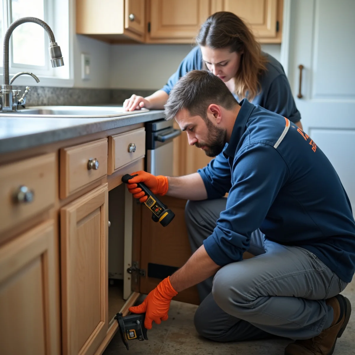 Technician investigating a musty cabinet area for concealed moisture