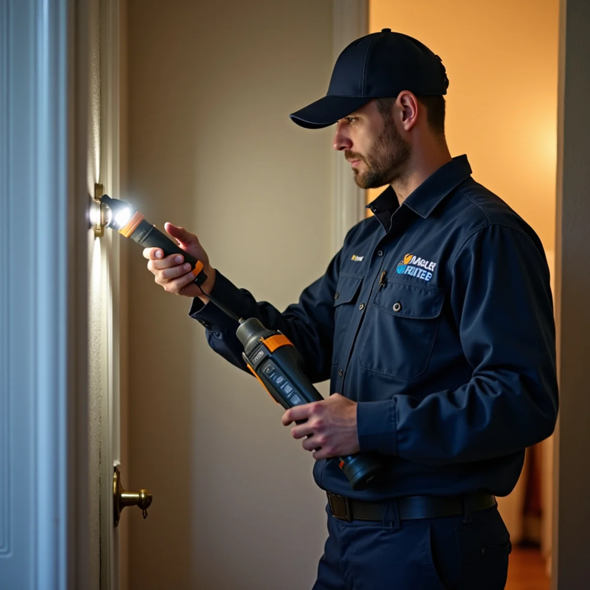 Homeowner listening for running water behind a quiet interior wall