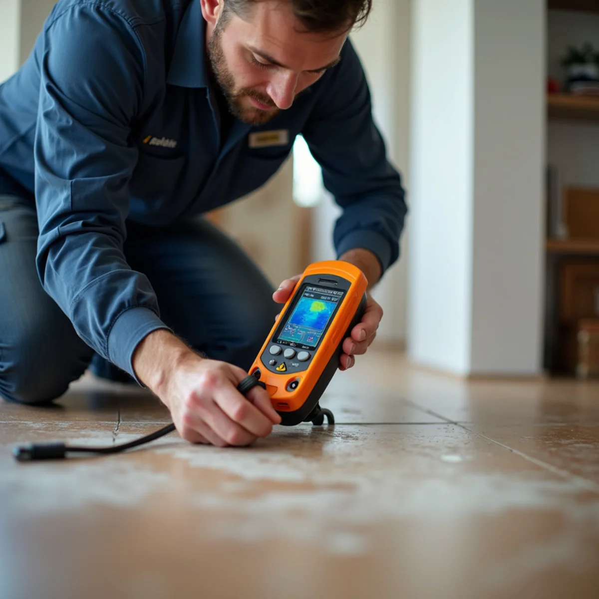 Technician checking an unusually warm floor area for a slab leak