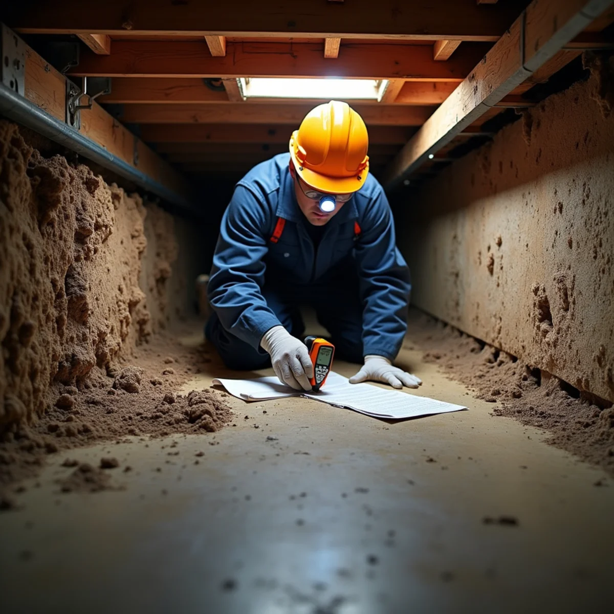 Restoration technician inspecting dampness in a raised-foundation crawlspace