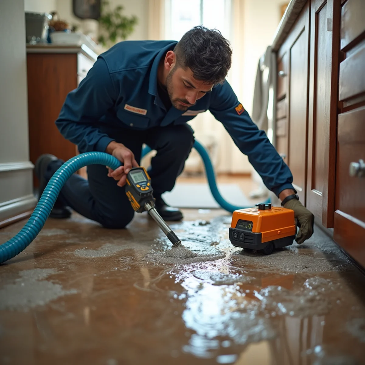 Burst Pipe Cleanup technician working with restoration equipment in a San Carlos property