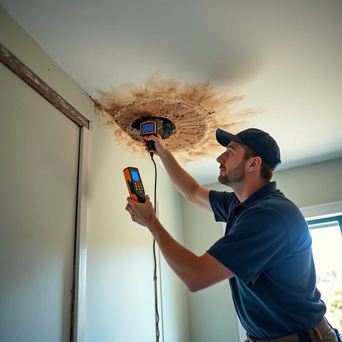 Ceiling Water Damage Repair technician working with restoration equipment in a San Carlos property