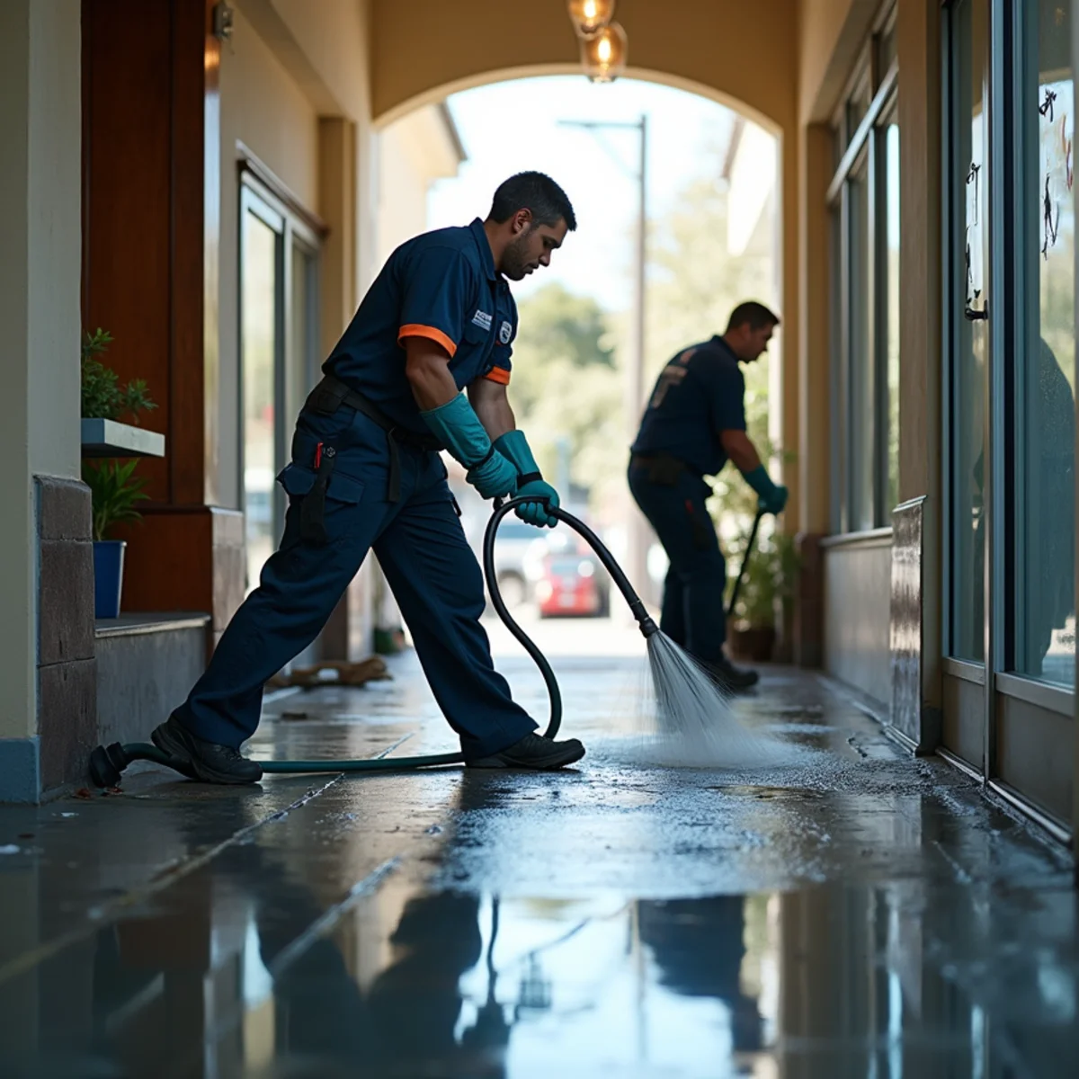 Commercial Water Damage technician working with restoration equipment in a San Carlos property