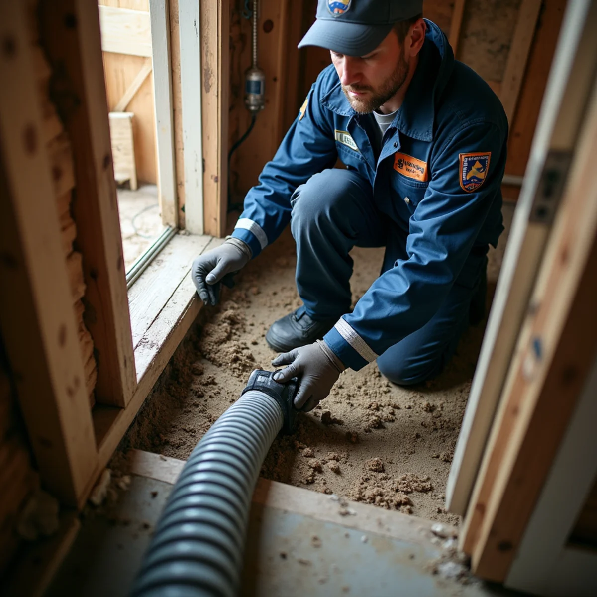 Crawl Space Water Removal technician working with restoration equipment in a San Carlos property