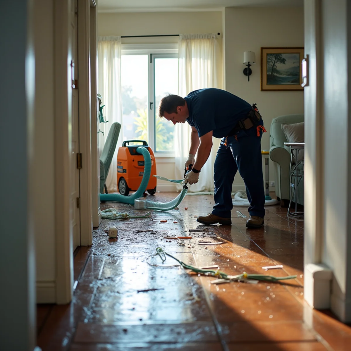24/7 Emergency Water Damage technician working with restoration equipment in a San Carlos property