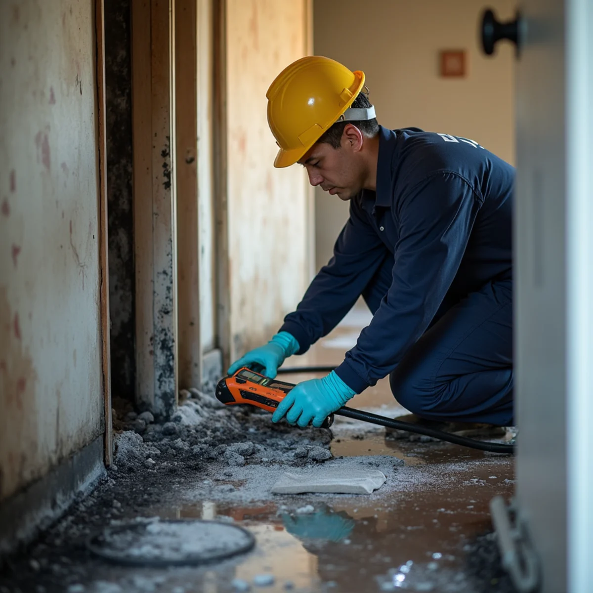 Fire & Smoke Damage Restoration technician working with restoration equipment in a San Carlos property