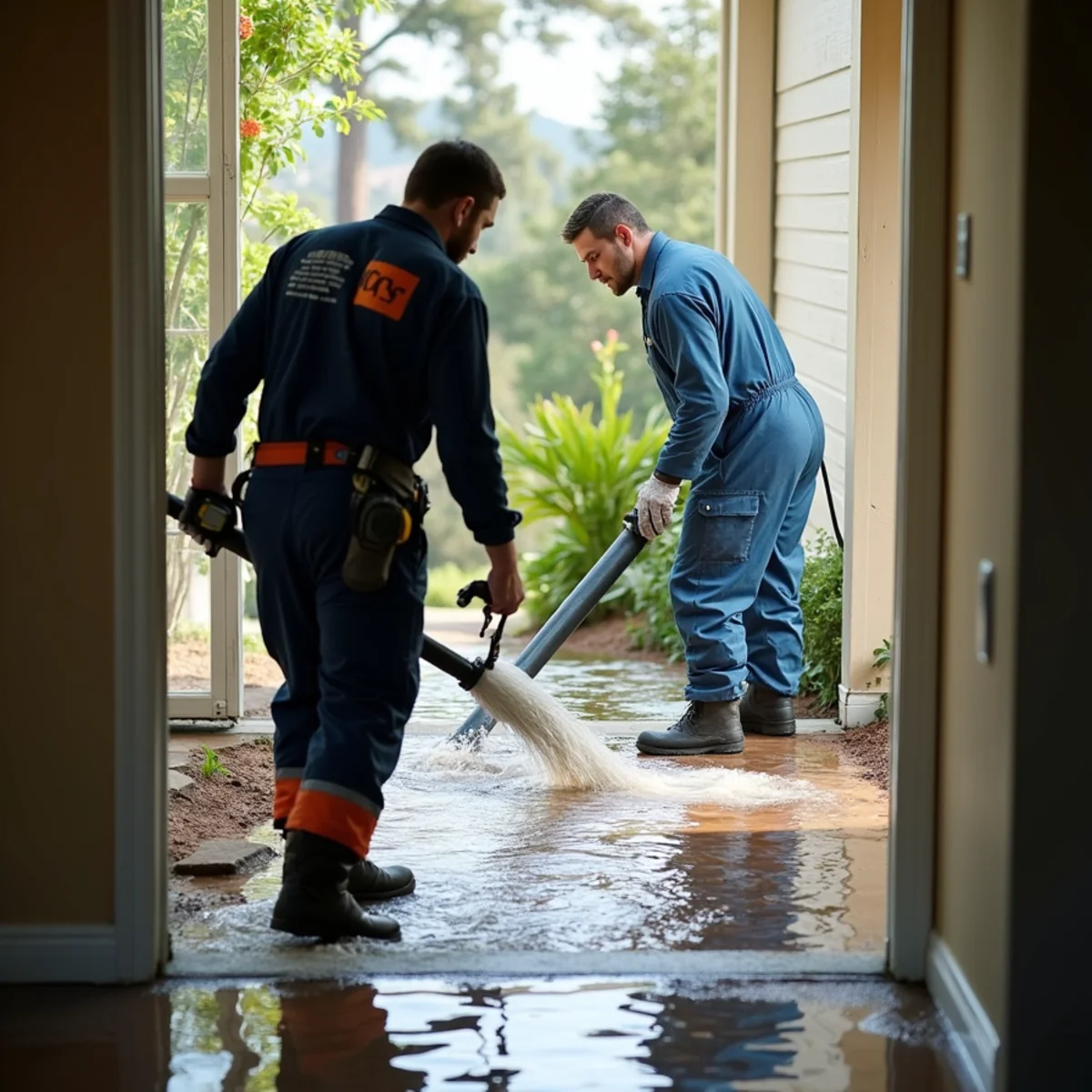 Flood Damage Cleanup technician working with restoration equipment in a San Carlos property