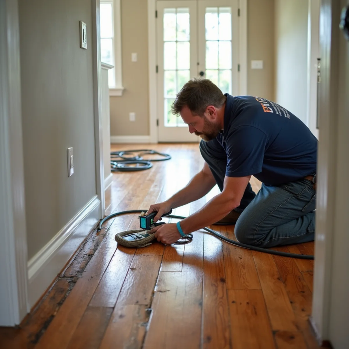 Hardwood Floor Water Damage technician working with restoration equipment in a San Carlos property