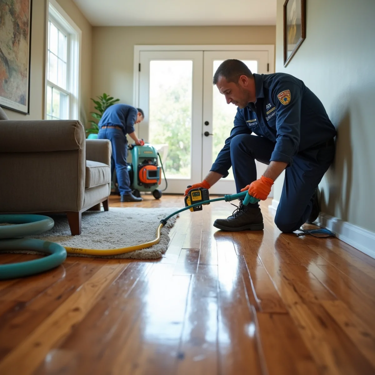 Hardwood Floor Water Damage technician working inside a San Carlos property