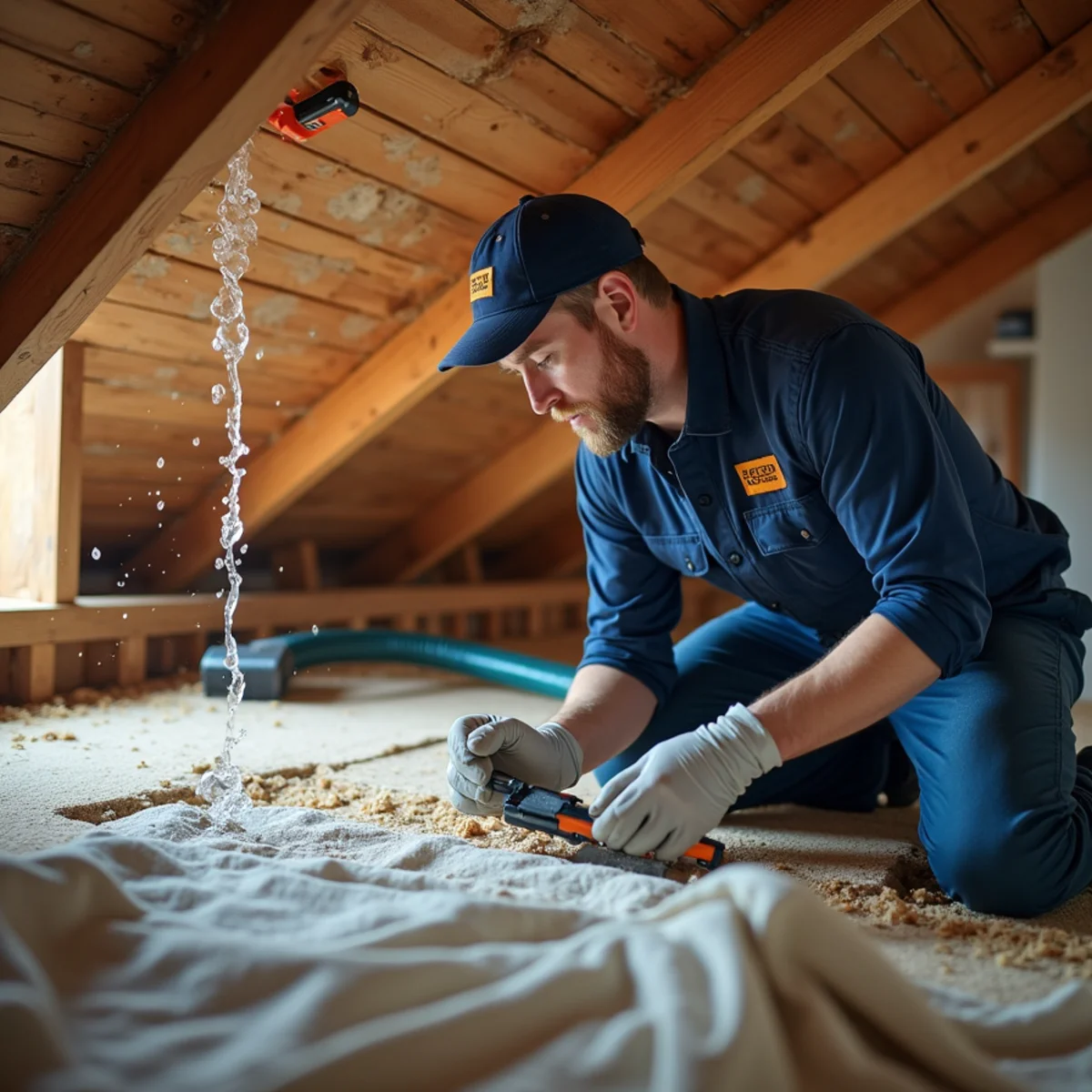 Roof Leak Water Damage technician working with restoration equipment in a San Carlos property