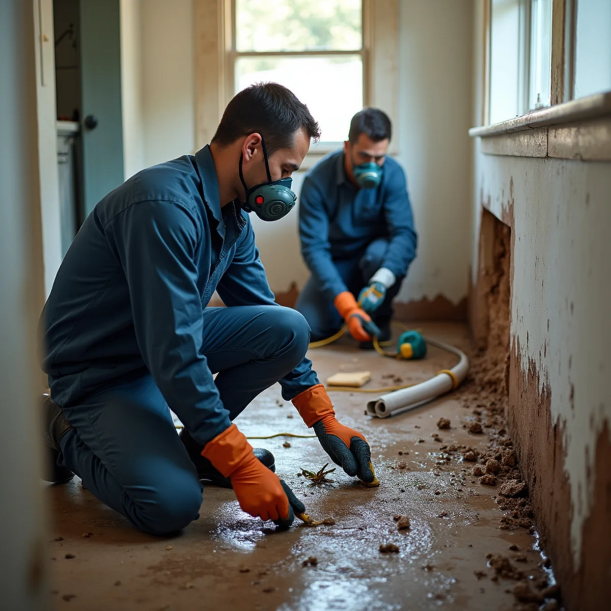 Sewage Cleanup technician working with restoration equipment in a San Carlos property