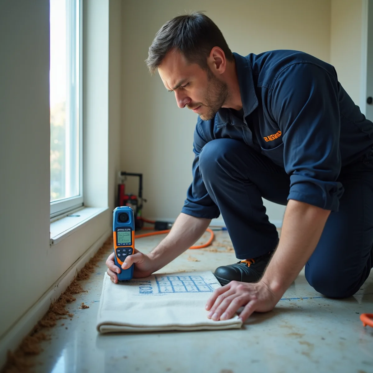 Slab Leak Water Damage technician working with restoration equipment in a San Carlos property