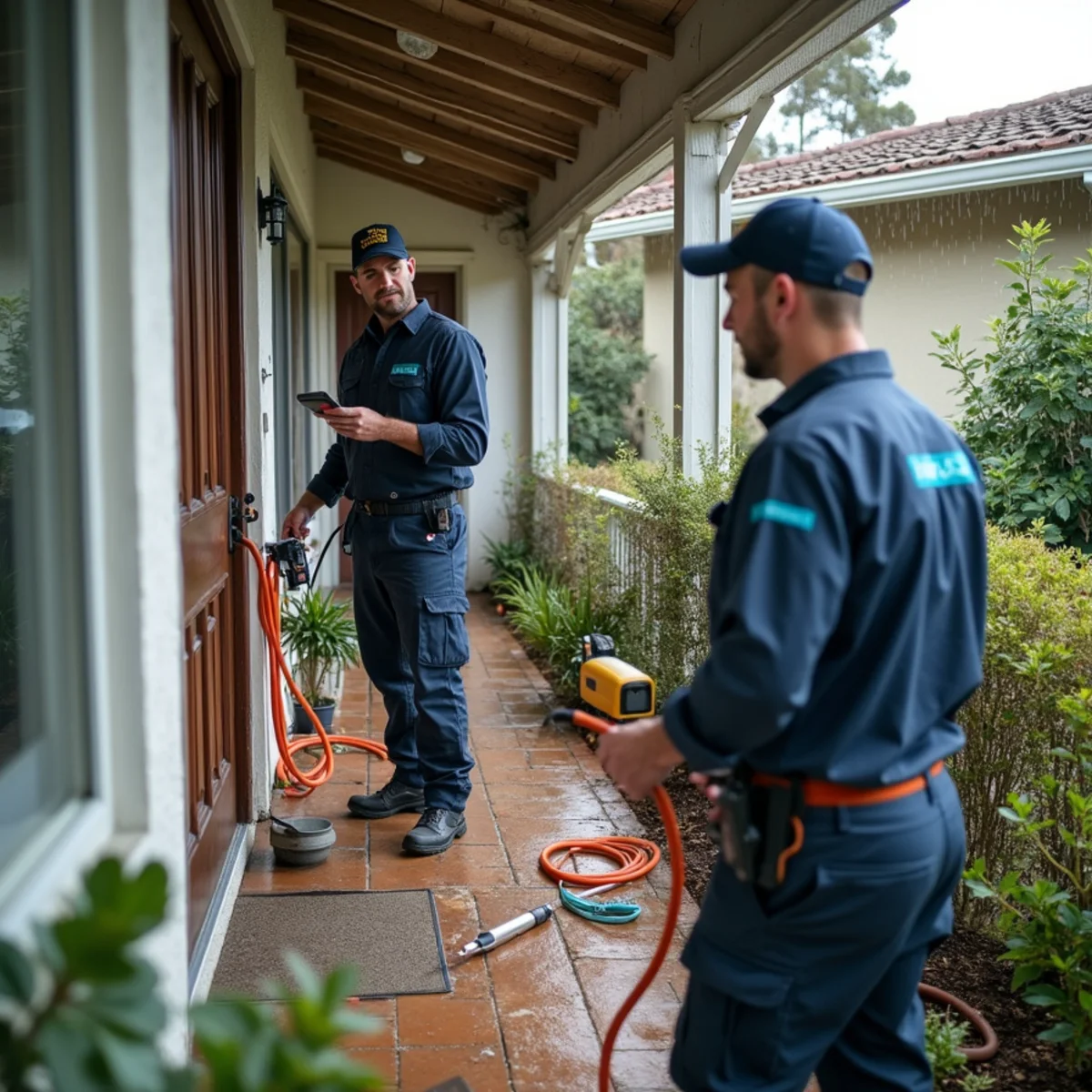 Storm Damage Restoration technician working with restoration equipment in a San Carlos property