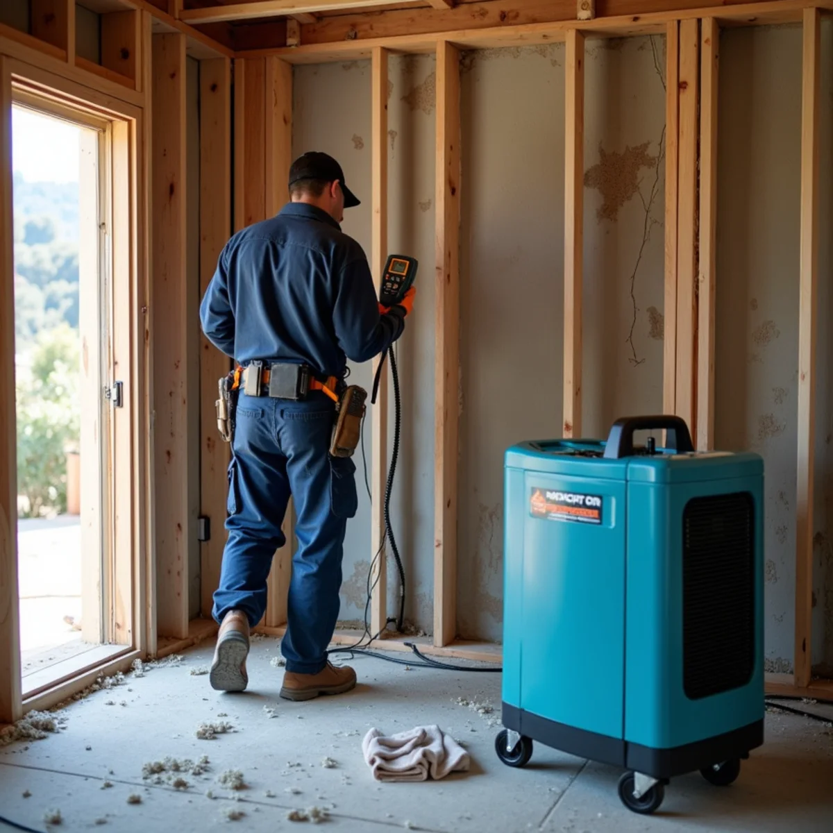 Structural Drying & Dehumidification technician working with restoration equipment in a San Carlos property