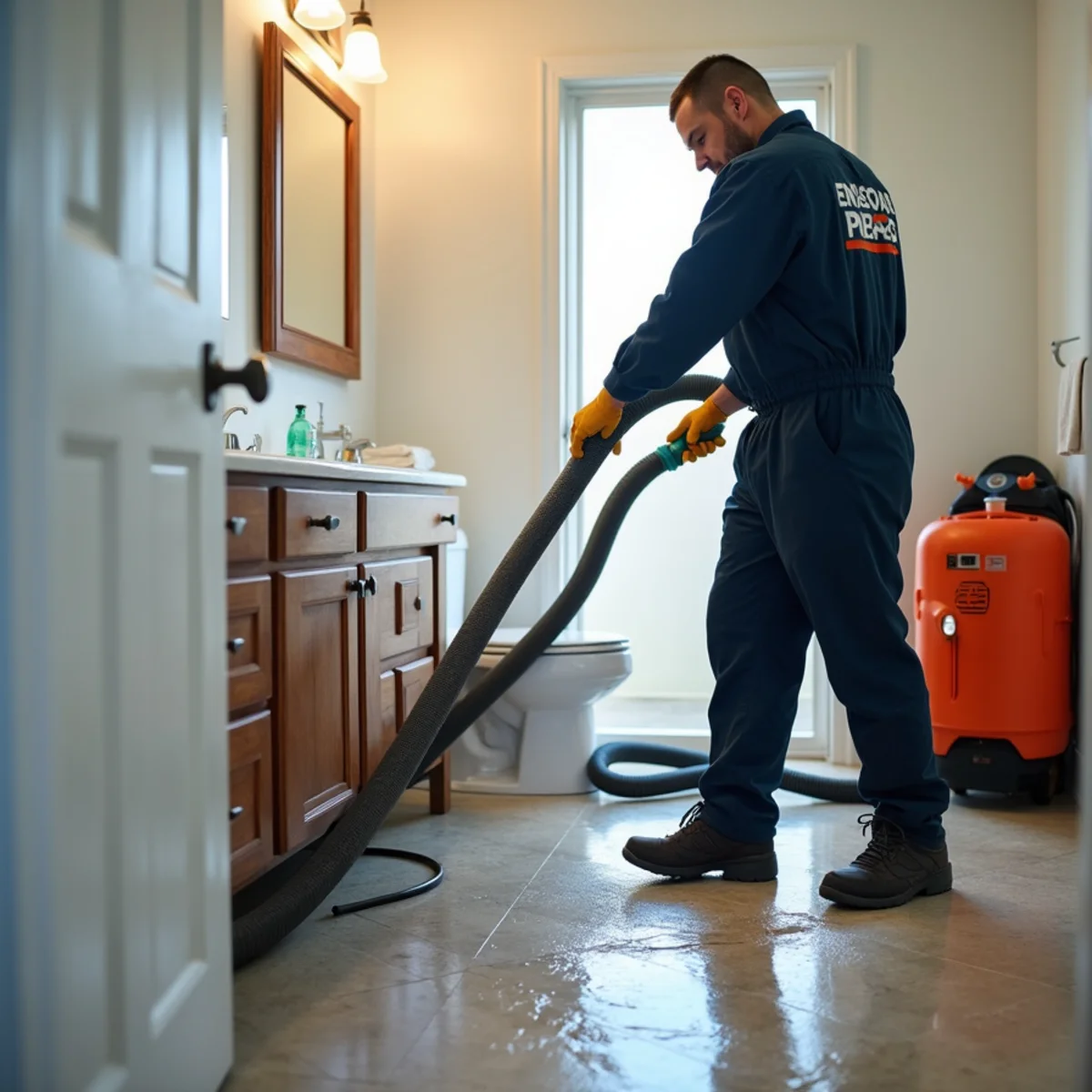 Toilet Overflow & Sewer Backup Cleanup technician working with restoration equipment in a San Carlos property