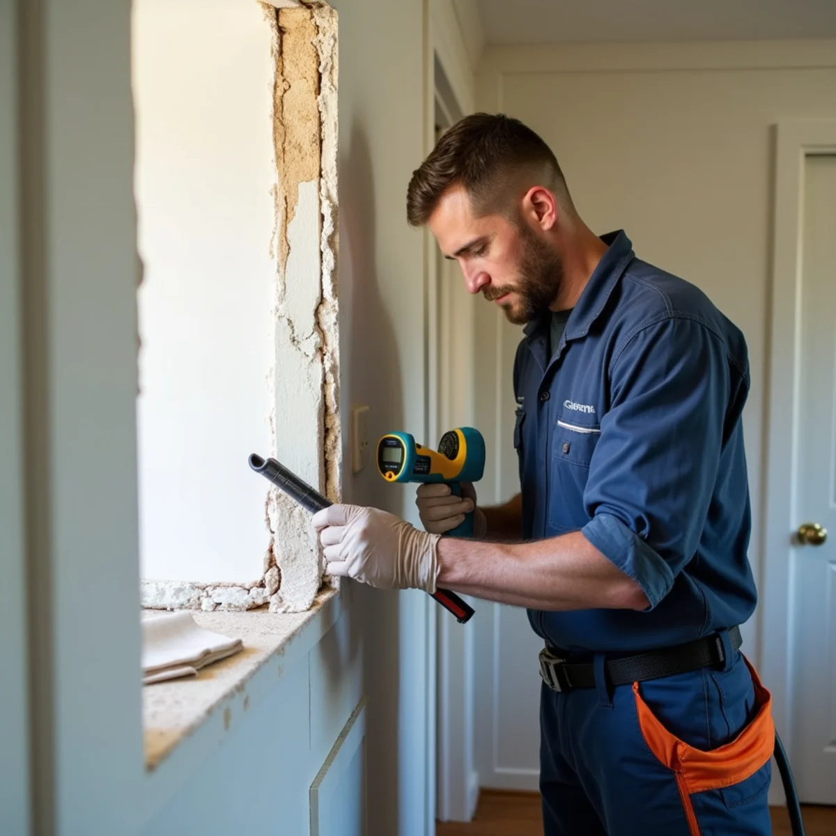 Water Damage Repair technician working with restoration equipment in a San Carlos property