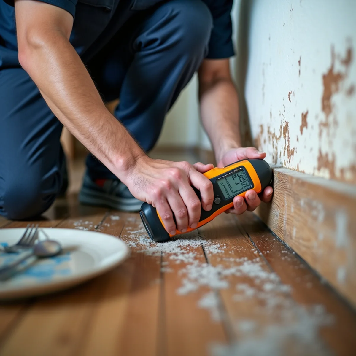 Water Damage Restoration technician working with restoration equipment in a San Carlos property