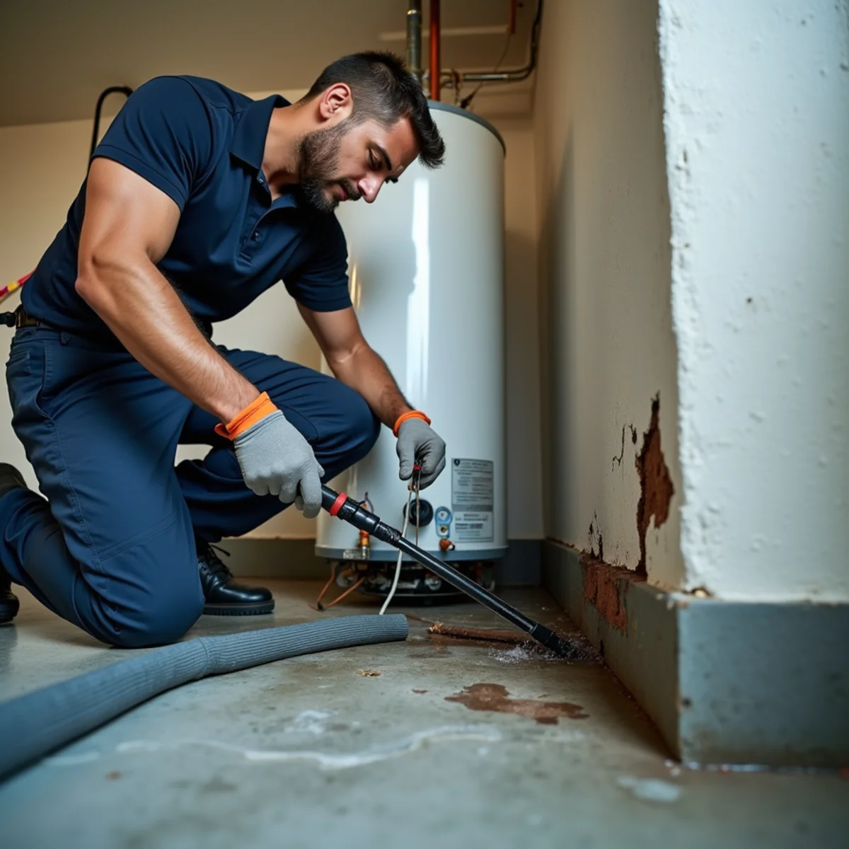 Water Heater Leak & Burst Cleanup technician working with restoration equipment in a San Carlos property